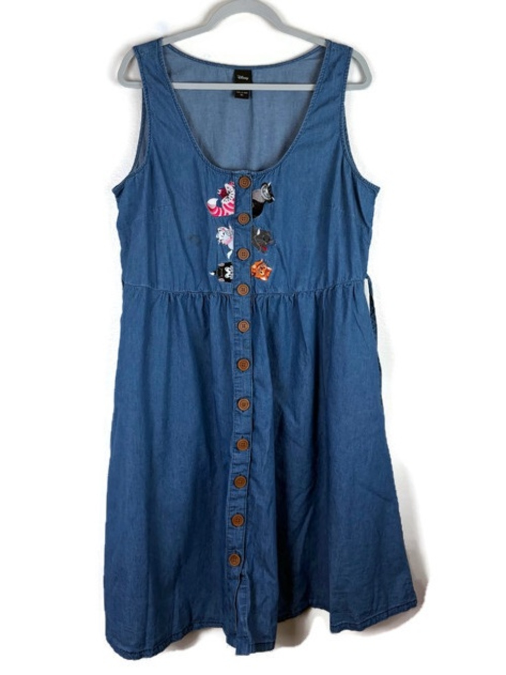 Disney Chambray Movie Cats Patchwork Sleeveless Dress with Tie in Blue